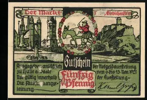Notgeld Quedlinburg, 1921, 50 Pfennig, Der Markt und Karl der Grosse beim Bau des schwarzen Schlosses