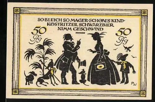 Notgeld Köstritz, 50 Pfennig, Motiv mit Zitat Kostritzer Schwarzbier nimm geschwind, Rückseite mit Gemeindewappen