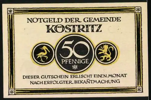 Notgeld Köstritz, 50 Pfennig, Motiv mit Zitat Kostritzer Schwarzbier nimm geschwind, Rückseite mit Gemeindewappen