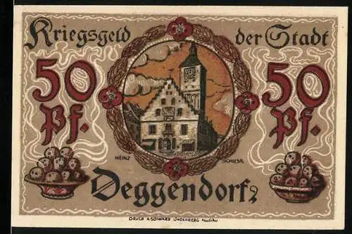 Notgeld Deggendorf, 1918, 50 Pf., Kriegsstadtnotgeld mit Stadtwappen und Figur, Seriennummer 84891
