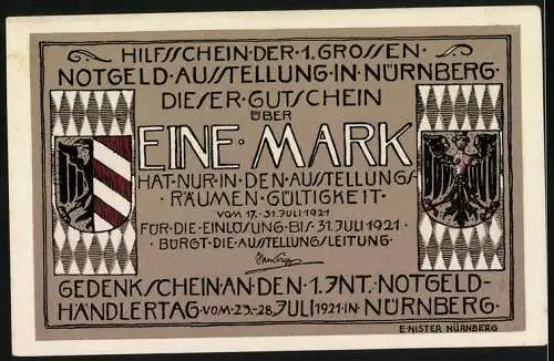 Notgeld Nürnberg 1921, 1 Mark, Gedenkschein der 1. Notgeldausstellung und Händlertag