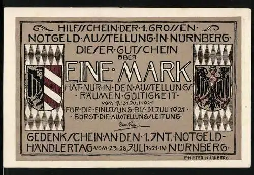 Notgeld Nürnberg 1921, 1 Mark, Gedenkschein der 1. Notgeldhändlertag Ausstellung mit Wappen und Burgmotiv