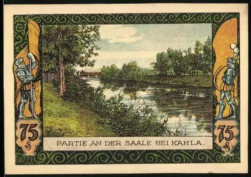 Notgeld Kahla, 1921, 75 Pfennig, Partie an der Saale bei Kahla, Vorder- und Rückseite mit Landschaftsmotiv