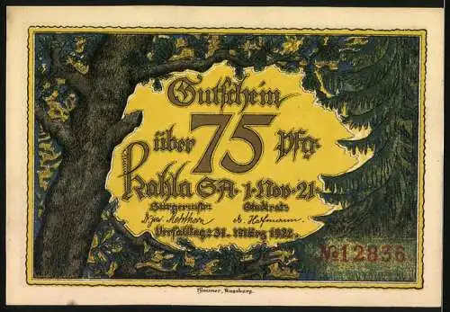 Notgeld Kahla, 1921, 75 Pfennig, Partie an der Saale bei Kahla, Vorder- und Rückseite mit Landschaftsmotiv