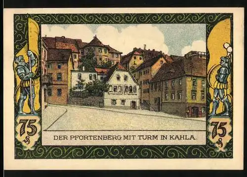 Notgeld Kahla 1922, 75 Pfennig, Der Pfortenberg mit Turm in Kahla, Gültigkeit 1. Nov. 21 bis 31. März 1922