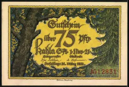 Notgeld Kahla 1922, 75 Pfennig, Der Pfortenberg mit Turm in Kahla, Gültigkeit 1. Nov. 21 bis 31. März 1922