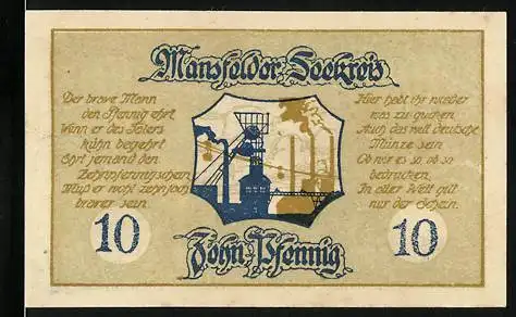 Notgeld Eisleben, 1920, 10 Pfennig, Mansfelder Kupferschiefer Abbau, Bergbau-Motiv und Text über den Wert der Münze