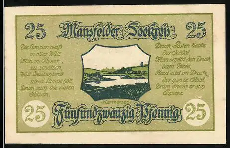 Notgeld Eisleben, 1920, 25 Pfennig, Landschaft mit Fluss und Wappen, Mansfelder Seekreis