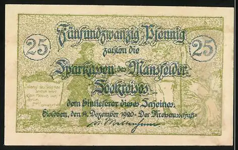 Notgeld Eisleben, 1920, 25 Pfennig, Landschaft mit Fluss und Wappen, Mansfelder Seekreis