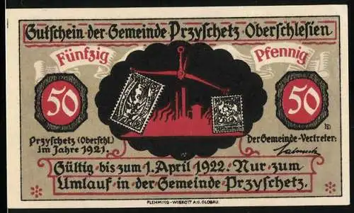 Notgeld Przyschetz 1921, 50 Pfennig, Bergmann mit Hämmern, Rückseite mit kämpfenden Figuren