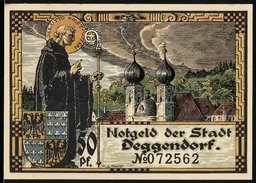 Notgeld Deggendorf, 1920, 50 Pf, Abbildung eines Mönchs und Stadtansicht mit Fluss und Kirche