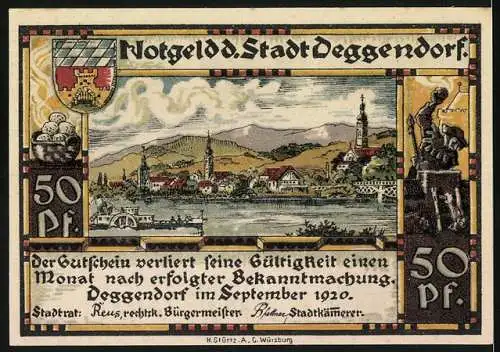 Notgeld Deggendorf, 1920, 50 Pf, Abbildung eines Mönchs und Stadtansicht mit Fluss und Kirche