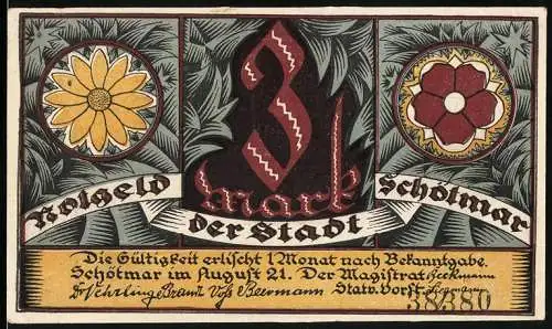 Notgeld Schötmar, 1921, 3 Mark, Blumen und Ratssitzung im Mittelalter