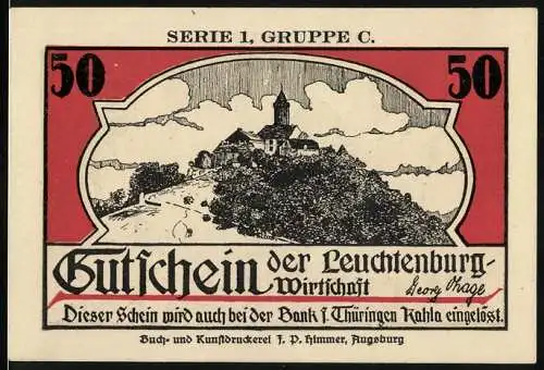 Notgeld Kahla, 50 Pfennig, Gutschein der Leuchtenburg-Wirtschaft mit Walpurgisnacht-Motiv