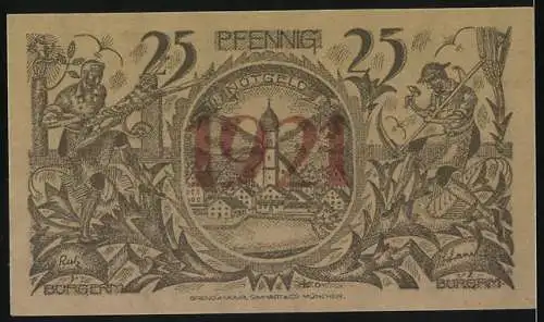 Notgeld Oberammergau, 1921, 25 Pfennig, Darstellung von Kruzifix und Stadtansicht, ungültig einen Monat nach Aufruf