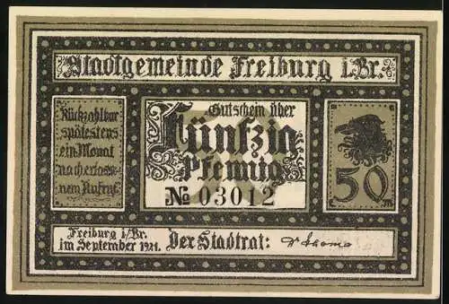 Notgeld Freiburg 1921, 50 Pfennig, Stadtansicht und Wappen, Gutschein über 50 Pfennig