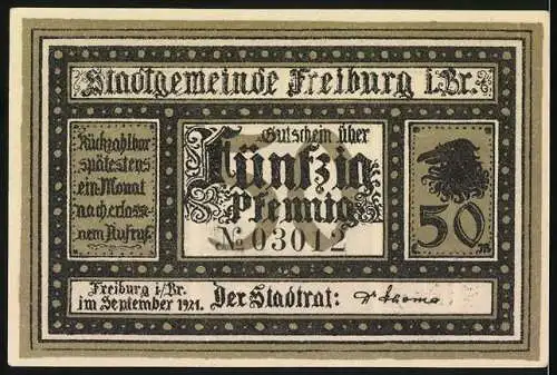 Notgeld Freiburg 1921, 50 Pfennig, Rathaus und Wappen, Stadtgemeinde Freiburg i.Br