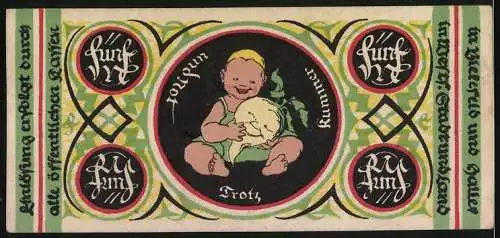 Notgeld Bielefeld, 1919, 5 Mark, Stadt Sparkasse, Baby mit Kohlkopf, Serie F 51462