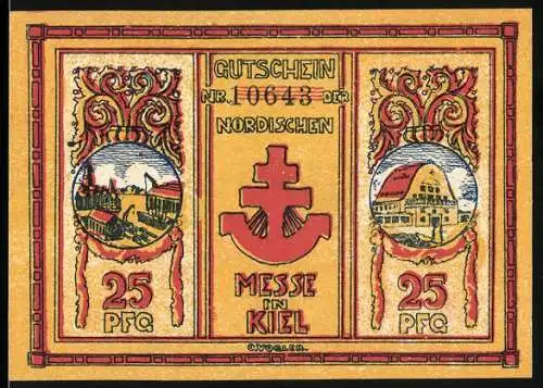 Notgeld Kiel, 1921, 25 Pfennig, Nordische Messe mit Stadtszenen und Anker, Rückseite mit Stadtansicht
