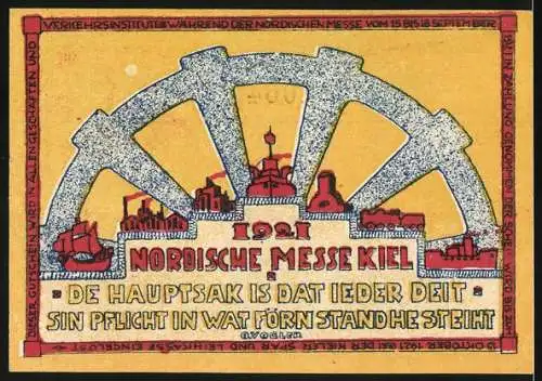 Notgeld Kiel, 1921, 25 Pfennig, Nordische Messe mit Stadtszenen und Anker, Rückseite mit Stadtansicht