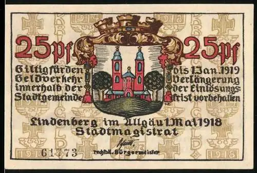 Notgeld Lindenberg im Allgäu 1918, 25 Pf, Gültig bis Jan 1919, Stadtwappen und historische Szenen