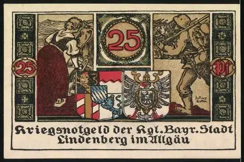 Notgeld Lindenberg im Allgäu 1918, 25 Pf, Gültig bis Jan 1919, Stadtwappen und historische Szenen