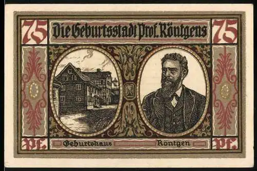 Notgeld Lennep, 1921, 75 Pfennig, Geburtshaus von Wilhelm Conrad Röntgen, Ehrentafel
