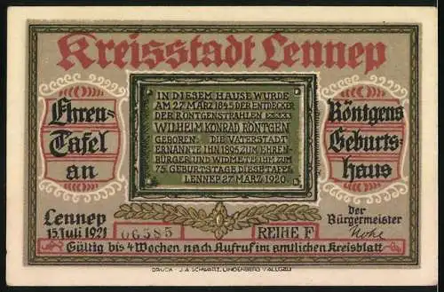 Notgeld Lennep, 1921, 75 Pfennig, Geburtshaus von Wilhelm Conrad Röntgen, Ehrentafel