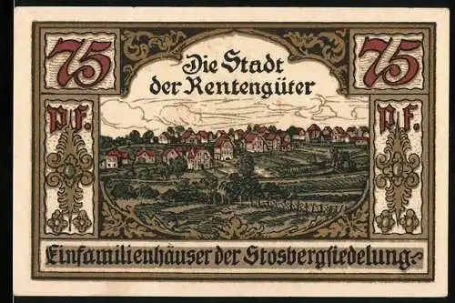 Notgeld Lennep, 1921, 75 Pf, Die Stadt der Rentengüter, Einfamilienhäuser der Stosbergsiedlung