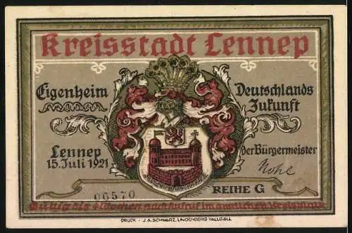 Notgeld Lennep, 1921, 75 Pf, Die Stadt der Rentengüter, Einfamilienhäuser der Stosbergsiedlung