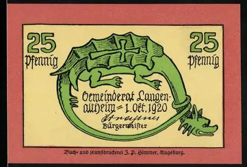 Notgeld Langenaltheim 1920, 25 Pfennig, Drachenmotiv und Fundgebiet des Solnhofener Plattenkalks