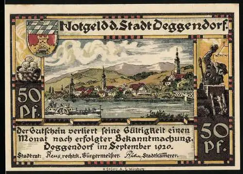 Notgeld Deggendorf, 1920, 50 Pf, Stadtansicht mit Fluss und Gebäuden, Rückseite mit Mönch und Stadtwappen