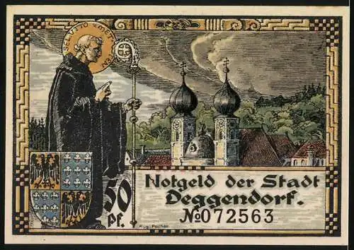 Notgeld Deggendorf, 1920, 50 Pf, Stadtansicht mit Fluss und Gebäuden, Rückseite mit Mönch und Stadtwappen