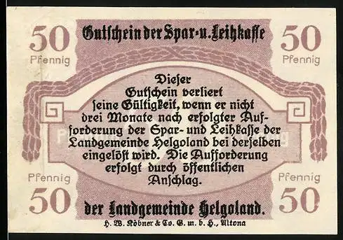 Notgeld Helgoland 1919, 50 Pfennig, Gutschein der Spar-u. Leihkasse, Landgemeinde Helgoland