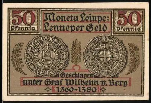Notgeld Lennep 1921, 50 Pfennig, Moneta Lenep: Lenneper Geld, Siegel der Stadt 1563, gültig bis 4 Wochen nach Aufruf