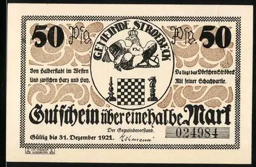 Notgeld Ströbeck 1921, 50 Pfennig, Gutschein über eine halbe Mark mit Schachbrett und Wappen