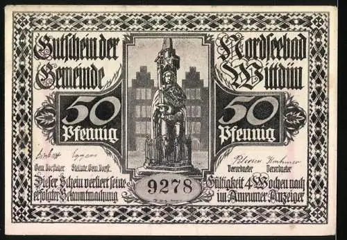 Notgeld Wittdün, 50 Pfennig, Darstellung der Küste und Statue, KN 9278