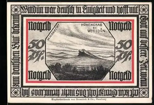 Notgeld Wittdün, 1921, 50 Pfennig, Hünengrab bei Wittdün und Roland-Statue