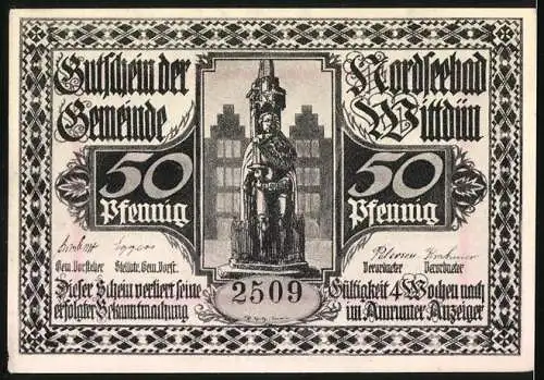 Notgeld Wittdün, 1921, 50 Pfennig, Hünengrab bei Wittdün und Roland-Statue