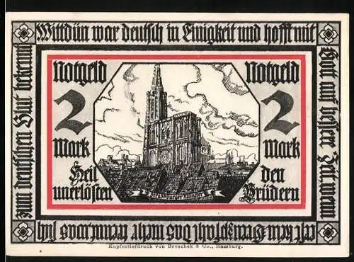 Notgeld Wittdün, 2 Mark, Kupferdruck Broschek & Co Hamburg mit Münster zu Strassburg und Adler
