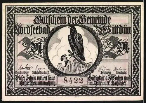 Notgeld Wittdün, 2 Mark, Kupferdruck Broschek & Co Hamburg mit Münster zu Strassburg und Adler