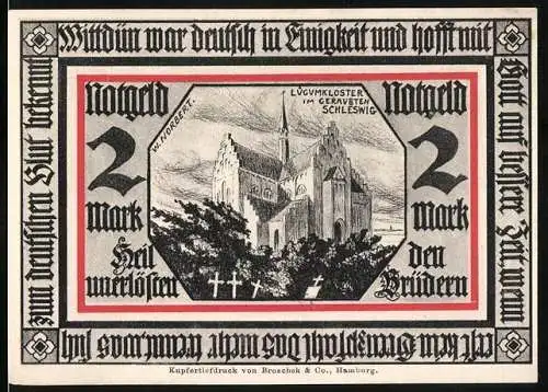 Notgeld Wittdün 1921, 2 Mark, Lügumkloster im geraubtem Schleswig und Adler auf Felsen