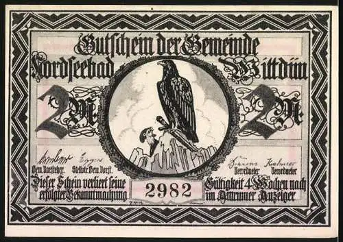 Notgeld Wittdün 1921, 2 Mark, Lügumkloster im geraubtem Schleswig und Adler auf Felsen