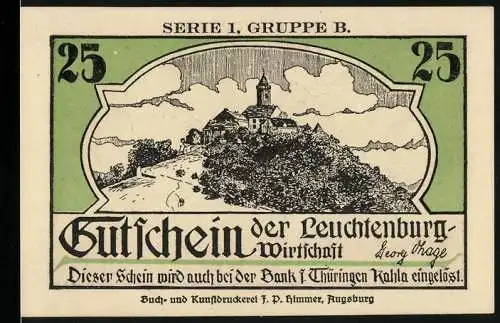 Notgeld Kahla, 25 Pfennig, Gutschein der Leuchtenburg-Wirtschaft mit Burgansicht und Walpurgisnacht 30. April