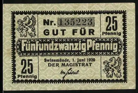 Notgeld Swinemünde, 1920, 25 Pfennig, beige /weiss mit Adler und Text, gültig bis 31. März 1922