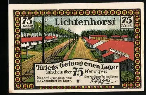 Notgeld Lichtenhorst, 75 Pfennig, Kriegsgefangenenlager und Torfgewinnung, Farbige Illustrationen