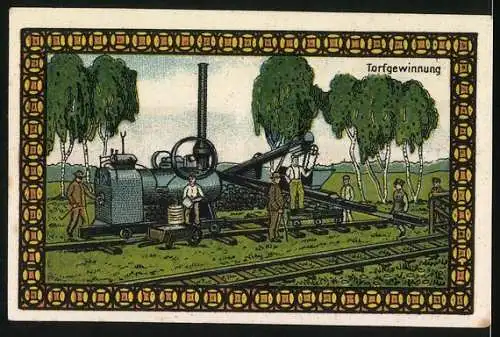 Notgeld Lichtenhorst, 75 Pfennig, Kriegsgefangenenlager und Torfgewinnung, Farbige Illustrationen