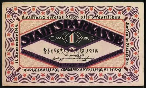 Notgeld Bielefeld, 1918, 1 Mark, Freie Bahn dem Tüchtigen, Stadtsparkasse Bielefeld, Einlösung 11. November 1918