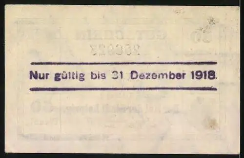 Notgeld Leipzig 1918, 50 Pfennig, Gutschein der Stadt Leipzig mit Ablaufdatum 31. Dezember 1918