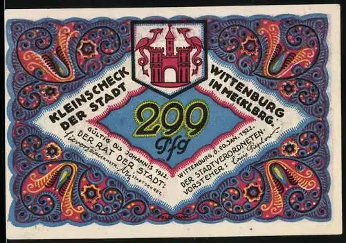 Notgeld Wittenburg 1921, 299 Pf, Kleinscheck der Stadt mit Stadtwappen und Szene mit Fritz Reuter